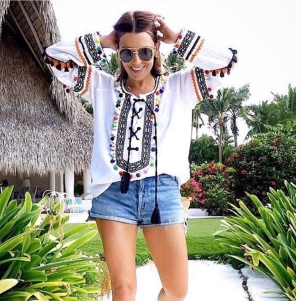 Dodo Bar Or Yehoray Blouse With Colorful Pom Poms Lace Up Cotton Fiesta Top